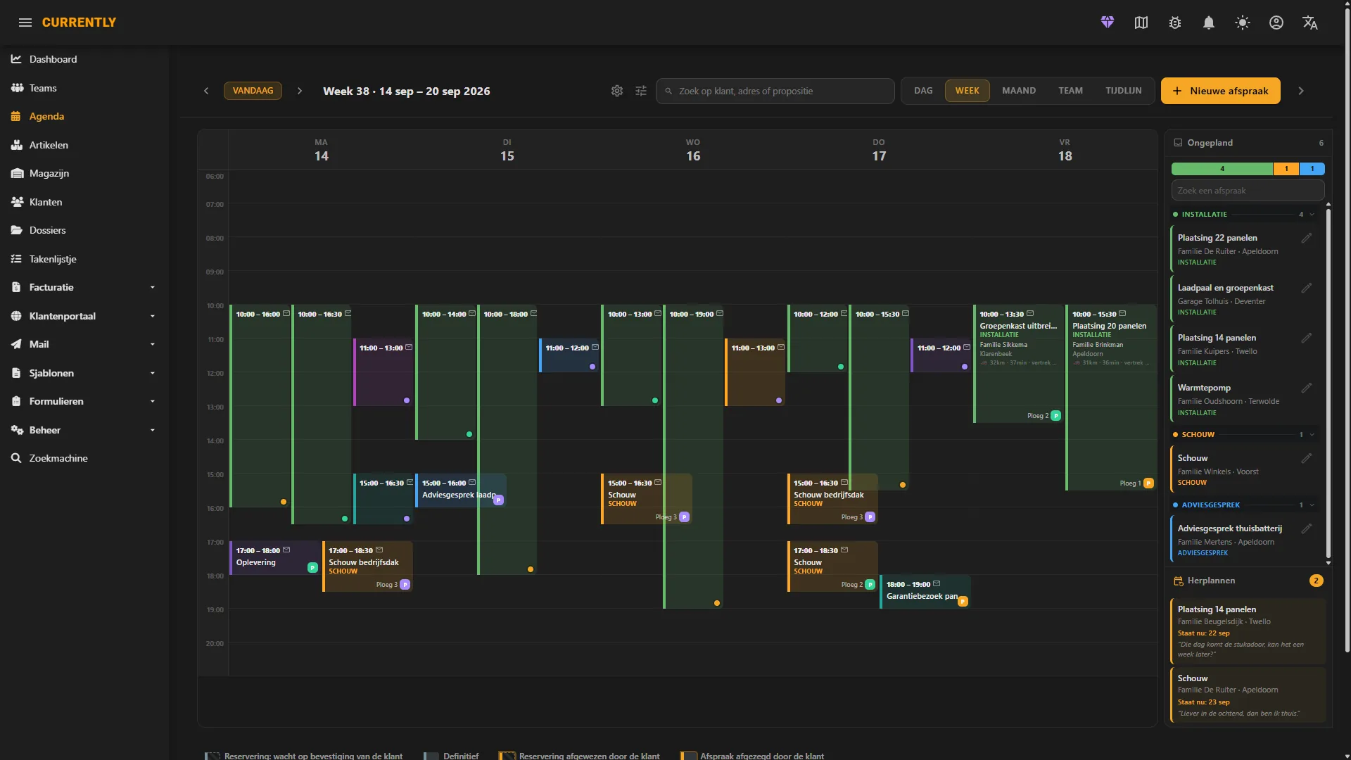 Currently · een volle werkweek in de agenda over drie ploegen